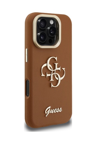 Apple Uyumlu iPhone 16 Pro Max Kılıf Guess Lisanslı Grained Yazı Logolu Kamera Standlı Kapak Kahverengi