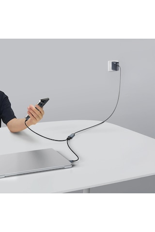 Qgeem Type-c To Type-c 2in1 Data Kablosu Ve Çevirici 140w 480mbps 1.2m Siyah