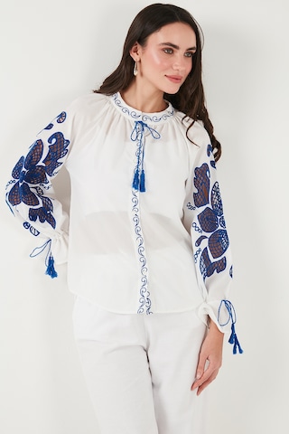 Lela Nakışlı Oversize Fit Bağlamalı Hakim Yaka Bayan Gömlek 676206 Beyaz