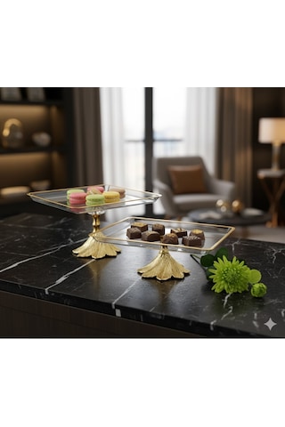 Çnr Home Collection 2 Parça Gold Semazen Metal Ayakli Pasta Sunumluk Kurabiyelik Seti Altin
