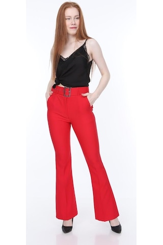Bluence Beli Kemerli Ispanyol Paça Kırmızı Kumaş Pantolon Kırmızı