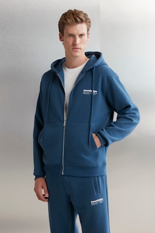 Grımelange Aksel Erkek Yumuşacık Organik Pamuk Oversize Fermuarlı Baskılı Kapüşonlu Mavi Sweatshirt Mavi