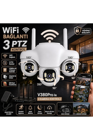 3 Kameralı Ptz Wifi Güvenlik Kamerası 360 Uzaktan Kontrol, Gece Görüş, Hareket Takibi, Çift Yönlü Konuşma, Dış Mekan