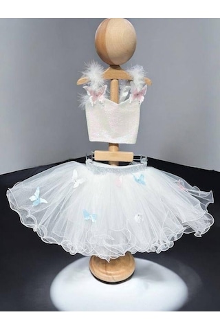 Kız Çocuk Kelebek Desenli Pullu Croplu Tütü Etekli Takım-15462 Beyaz