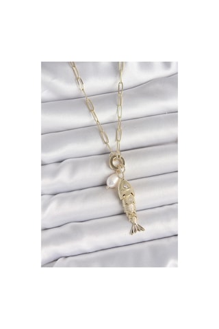 İnci Detaylı Zirkon Taşlı Balık Figürlü Gold Renk Pirinç Kolye Çok Renkli