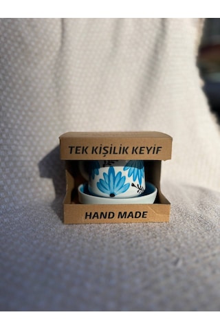 El Yapımı Seramik Kupa, Mug, Türk Kahvesi Bardağı Mavi Çiçek