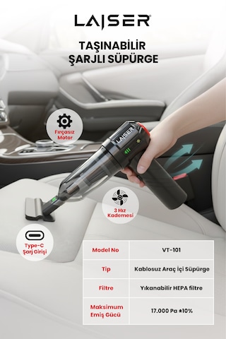 Laiser Mini, Katlanabilir Led Ekranlı 17.000 Pa 3ın1 Çekme-vakum-üfleme Özellikli Şarjlı Araç Süpürgesi Siyah