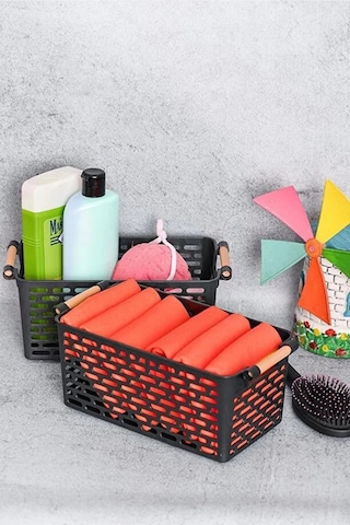 2 Adet - Çok Amaçlı Plastik Tutacaklı Organizer Sepet Dolap Içi Çekmece Düzenleyici Siyah