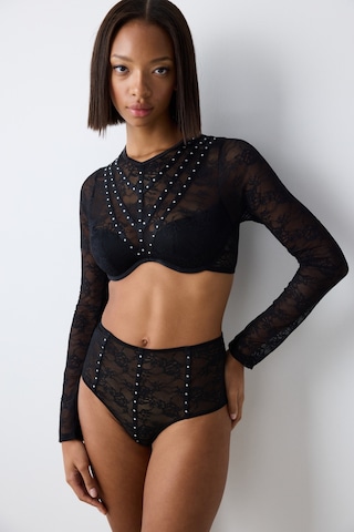Penti Shinny Lace Dantel Uzun Kollu Siyah Croplet