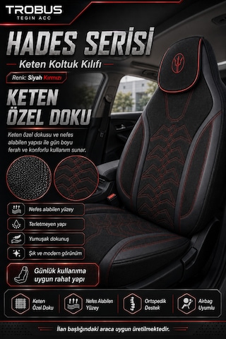 Tesla Model 3 2017 Ve Sonrası Uyumlu Hades Serisi Keten Koltuk Kılıfı Siyah Kırmızı 37683667