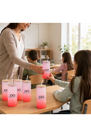 Logonuza Özel 5 Adet Pipetli Cam Matara 600 Ml Ahşap Kapaklı Kurumsal Suluk Pembe