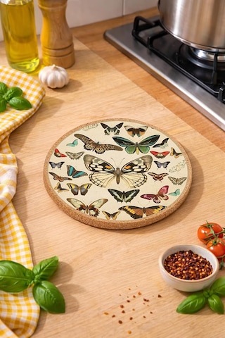 Lexroo Kelebek Desenli Mantar Nihale Tencere Tava Altlığı 19cm Çapında 1cm Kalınlığında