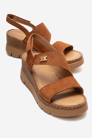 Luvishoes Sophıe Taba Süet Hakiki Deri Kadın Dolgu Topuklu Sandalet Taba