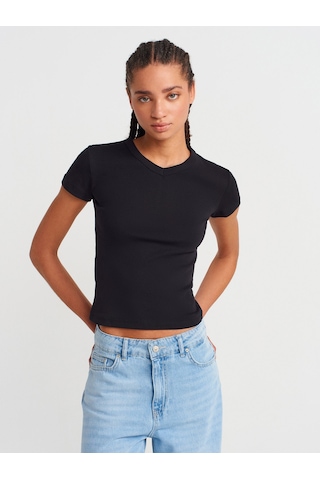 Dilvin 31673 V Yaka T-shirt-siyah Siyah
