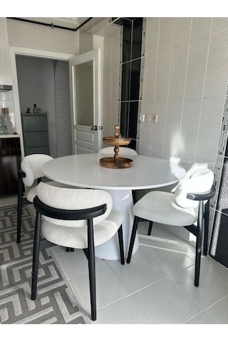 Terra Nix Yuvarlak Ahşap Siyah Masa Takımı Bohem 4 Kişilik Mutfak Masa Sandalye Takımı İskandinav Krem