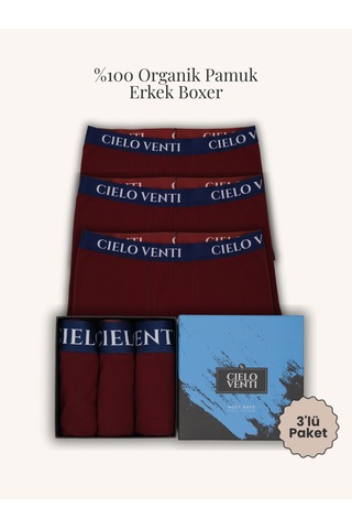 Cielo Venti Night Collection 3'lü Organik Pamuk Erkek Boxer Bordo