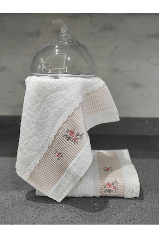 %100 Pamuk & Nakışlı Havlu Takımı - 2'li Dantelli Havlu Seti - 40x60 Cm Somon Somon