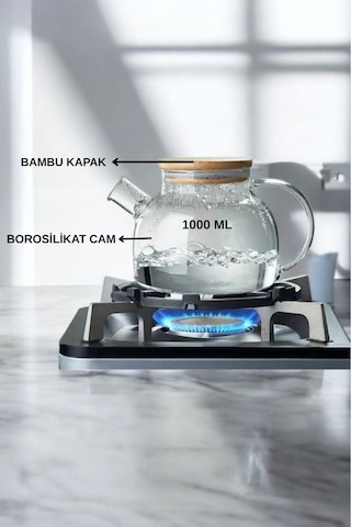 Cam Çaydanlık Isıya Dayanıklı Bambu Kapaklı Bitki Çaydanlık