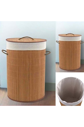 Lorin Katlanır Bambu Banyo Çamaşır Kirli Sepeti Yuvarlak 35x50 CM 61 L