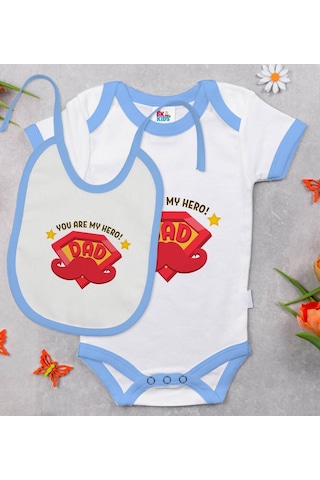 Bk Kids My Hero Dad Tasarımlı Mavi Bebek Body Zıbın Ve Mama Önlüğ Çok Renkli
