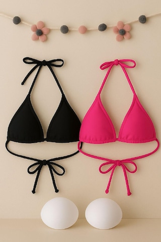 Modi Kadın Siyah Ve Fuşya Minimal Kesim Üçgen Bikini Üstü