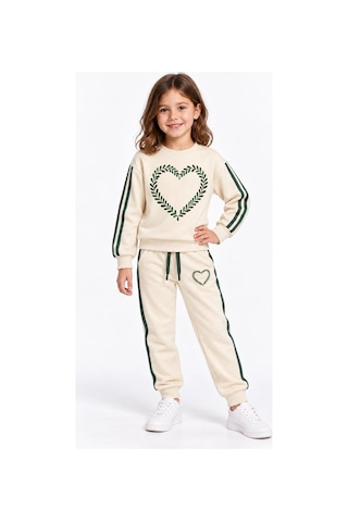 Rony Pony Kids Kız Çocuk Ekru Yeşil Kalp Desenli Şeritli Eşofman Takımı Sweatshirt Ve Jogger Pantolon Beyaz Yeşil