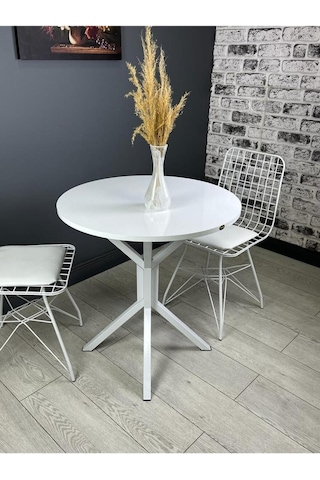 Nisa Beyaz Yuvarlak Mutfak Masası Yemek Masası Balkon Masası Metal Beyaz Ayak 70 Cm