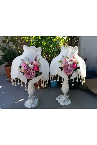 Çiçek Dekorlu Abajur 2 Adet Çiçekli Abajur Özel Tasarım Dekoratif Beyaz