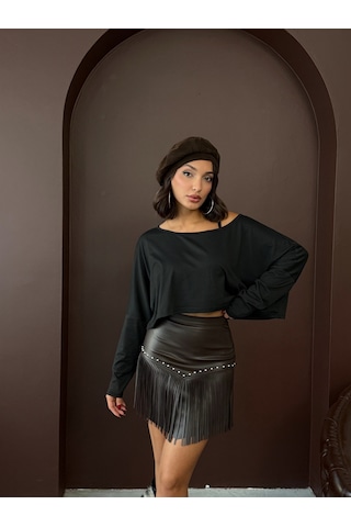 Verymoda Western Tarz Püsküllü Mini Deri Etek F2041 Siyah