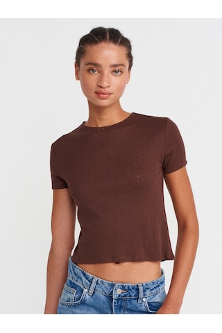 Dilvin 31795 Fiyonk Detaylı Kısa Kollu Kontrast T-shirt-açık Kahve Açık Kahve