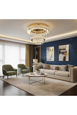 Plafonyer Lazer Kesim Kristal Taşlı Gold Ledli Avize