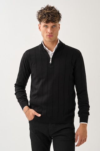 Dikey Dokuma Desenli Fermuarlı Triko Kazak Siyah