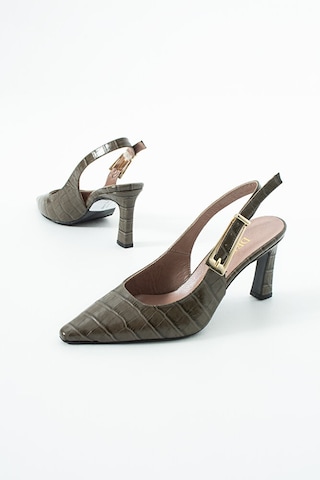 Dericia Shoes Sapphire Hakiki Deri Kadın İnce Topuklu Arkası Açık Ayakkabı Haki