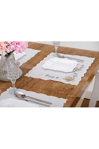 Finezza Linda Nakışlı Keten Efekt Kumaş Krem Mavi A.Servis 33x45 cm 4 Ad.-1400 Krem