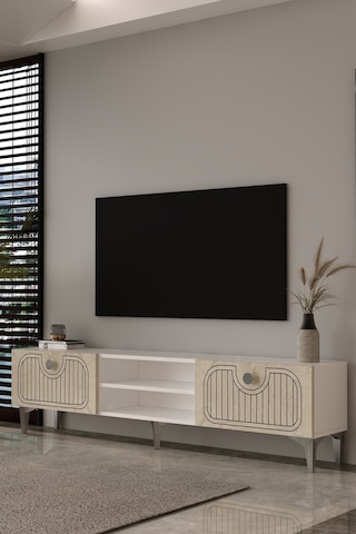 180dhdtsr3btg Hera Lazer Desenli Raflı Tv Sehpası,ünitesi Beyaz-traverten-gümüş
