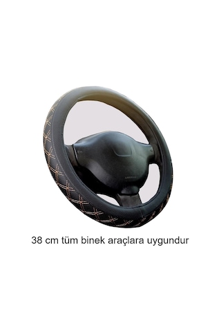 Direksiyon Kılıfı 38 Cm Geçmeli Siyah Binek Araçlara Bej Nakışlı