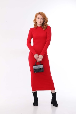 Kallima Kırmızı Bodycon Dik Yaka Uzun Kollu Fitilli Elbise-130 Cm Kırmızı