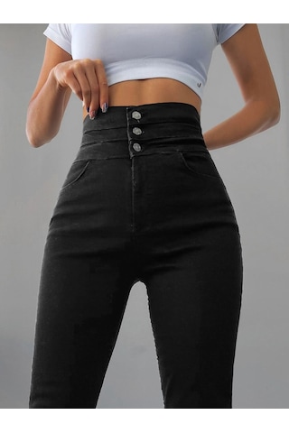 Kene Jeans Kadın Siyah 3 Düğme Likralı Dar Paça Kot Pantolon Siyah