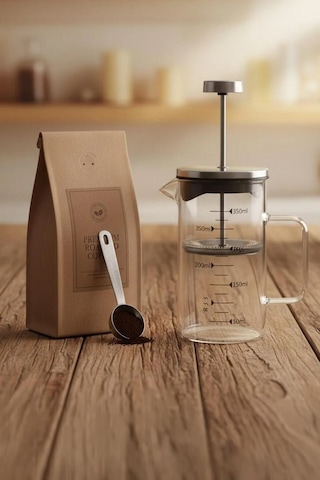 Paslanmaz Çelik Cam French Press 350 Ml - Ölçü Çizgili Filtre Kahve & Bitki Çayı Demliği Şeffaf
