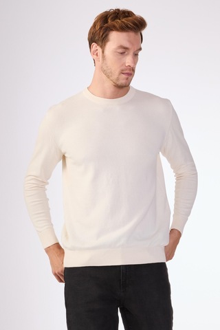Dufy Ekru Bisiklet Yaka %100 Pamuk Düz Renk Slim Fit Erkek Triko Ekru