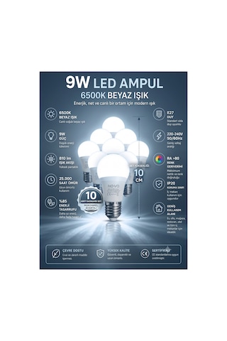 10 Adet 9w Led Ampul E27 Duy Beyaz Işık 6500k ,810 Lümen Enerji Tasarruflu Uzun Ömürlü Led Lamba Seti