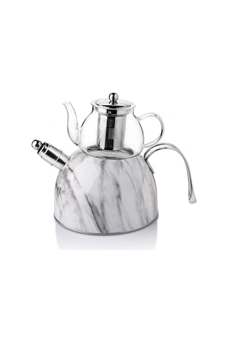 Nishev Mermer Düdüklü Çelik Cam Çaydanlık Takımı Beyaz Beyaz