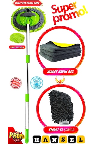 Araba Yıkama Fırçası Oto Yıkama Seti Mop Mikrofiber Bezli Teleskopik Saplı 1 Yedek Bez Hediyeli