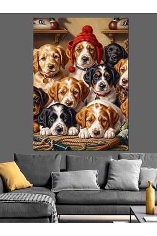 Ahşap Tablo Kışlık Şapka Takmış Sevimli Köpekler