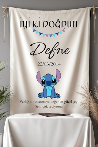 Stitch Temalı İsimli Doğum Günü Flama Afiş Duvar Örtüsü Büyük Boy