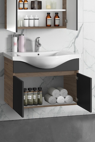 80 Cm Atlantik Çam-Antrasit Gri Mat Mdf Lavabolu Banyo Alt Dolabı Antrasit - Atlantik Çam
