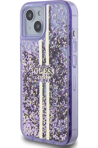 Apple Uyumlu iPhone 15 Kılıf Guess Lisanslı Transparan Sıvılı Simli Altın Çizgili Kapak Mor