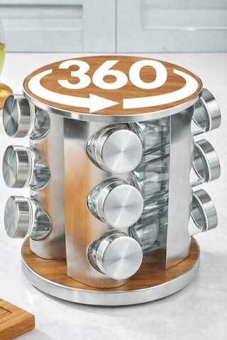 Makri Home 12 Li Ahşap Krom Yuvarlak Döner Baharatlık, 360 Paslanmaz Stantlı, 118 Ml Cam Kavanoz, 19 X 23 Cm Ahşap