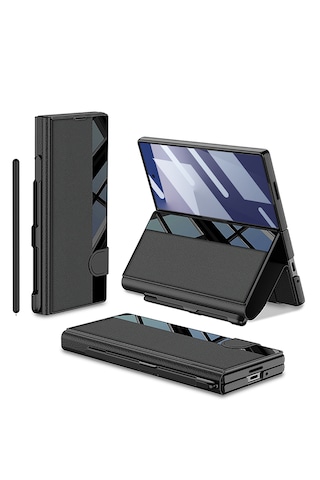 Samsung Uyumlu Galaxy Z Fold 7 Kılıf Aynalı Akıllı Şık Tasarımlı Suni Deri Mıknatıslı Katlanabilir Kapak Siyah