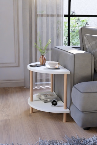 Modern Ahşap İki Raflı Koltuk Yanı Sehpa Çevirmeli Kurulum Salon Yan Sehpası Beyaz